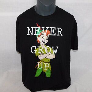 Disney Peter Pan NEVER GROW UP Mens 2XL Black Graphic T Shirt